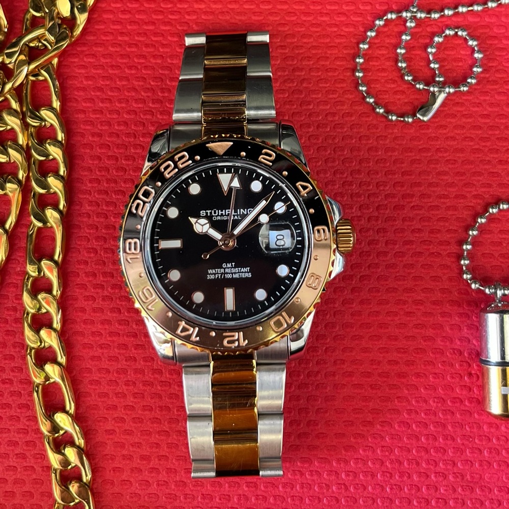Stührling Two-Tone Rose Gold GMT Watch Meridian GMT Diver 42 mm